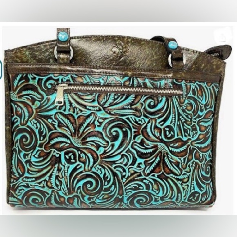 PATRICIA NASH Poppy Italian Tooled Turquoise Leather Tote Bag NWT